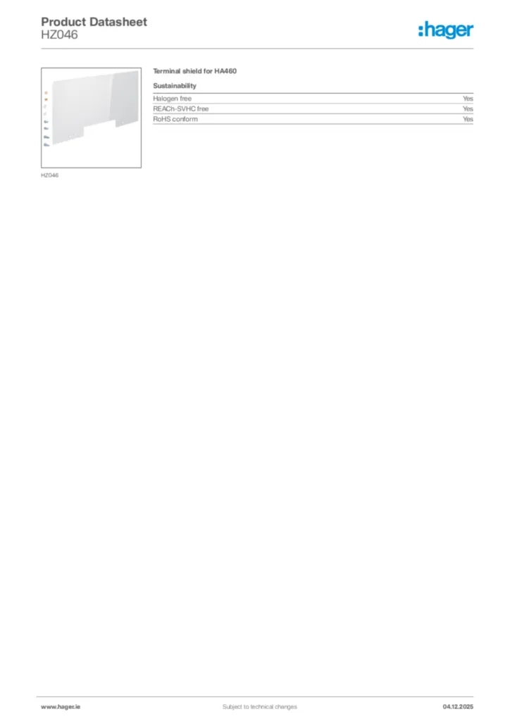 Image Hager Product data sheet HZ046  | Hager