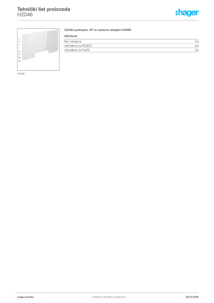 Slika Hager Product data sheet HZ046  | Hager