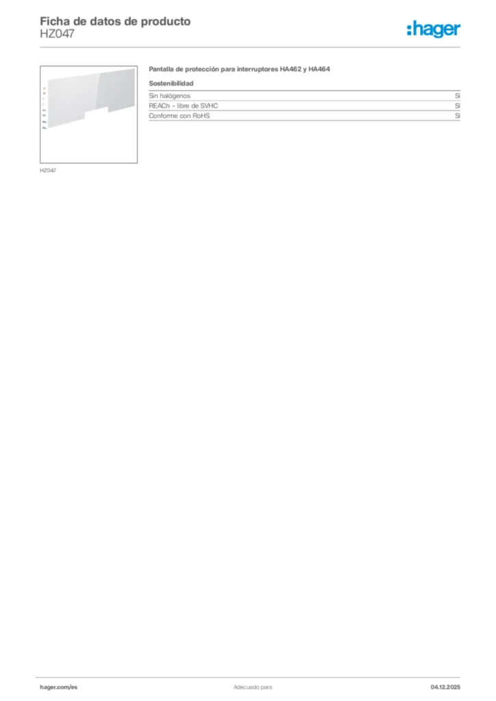 Imagen Hager Ficha de datos de producto HZ047 | Hager España
