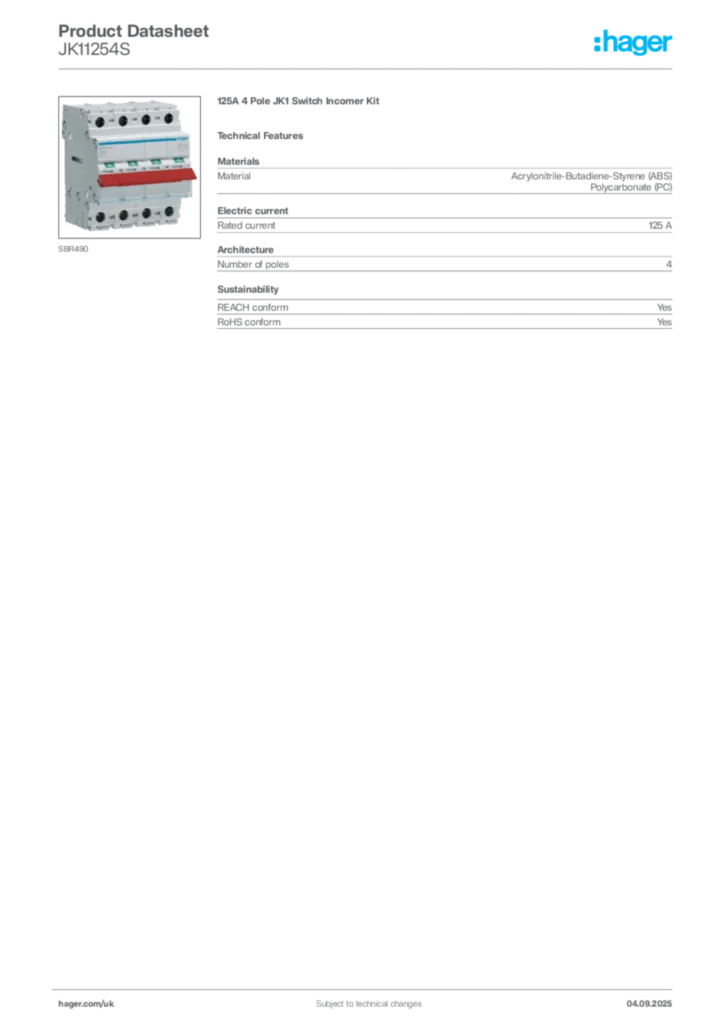 Image Hager Product data sheet JK11254S  | Hager