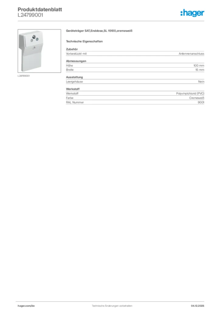 Bild Hager Produktdatenblatt L24799001 | Hager Deutschland