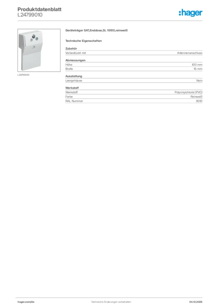 Bild Hager Produktdatenblatt L24799010 | Hager Deutschland