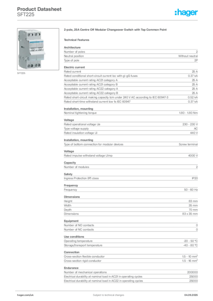 Image Hager Product data sheet SFT225  | Hager