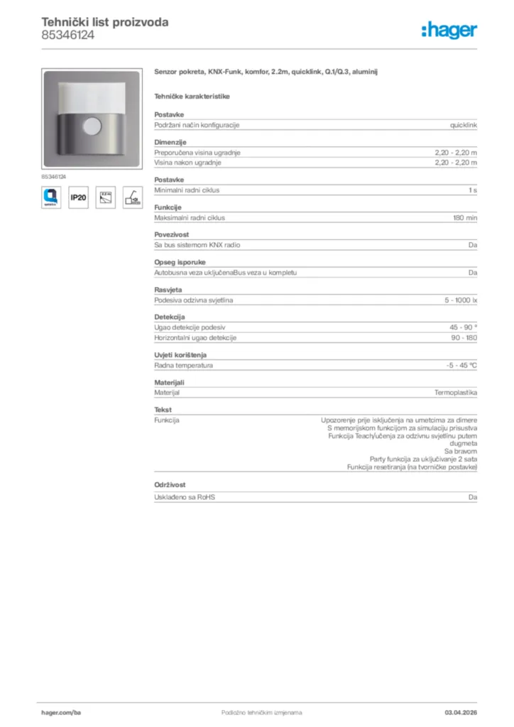 Slika Hager Tehnički list proizvoda 85346124  | Hager