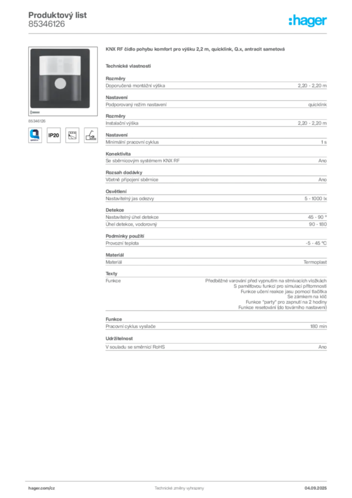 Obrázek Hager Produktový list 85346126 | Hager