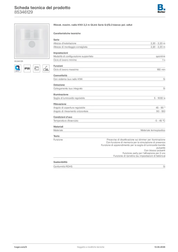 Immagine Berker Scheda tecnica del prodotto 85346129 | Hager Italia