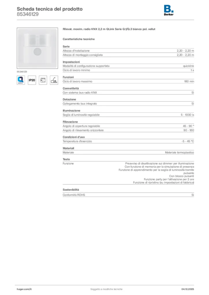 Immagine Berker Scheda tecnica del prodotto 85346129 | Hager Italia