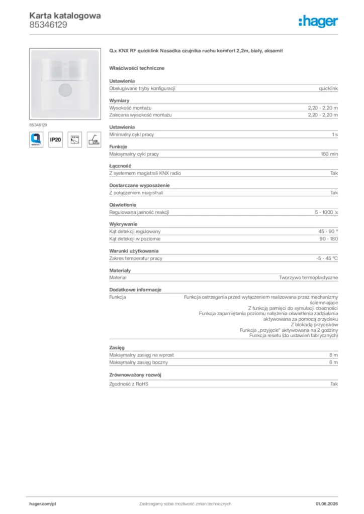 Zdjęcie Hager Karta katalogowa 85346129 | Hager Polska