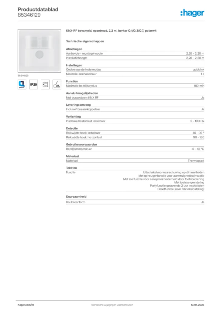 Afbeelding Hager Productdatablad 85346129 | Hager Nederland