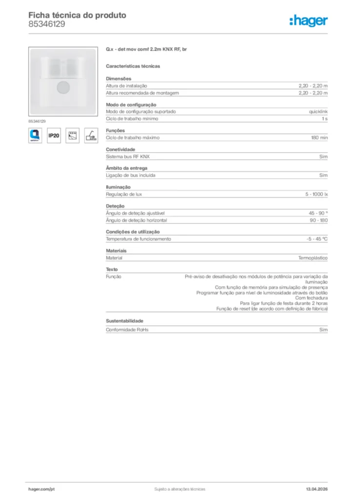 Imagem Hager Ficha técnica do produto 85346129 | Hager Portugal