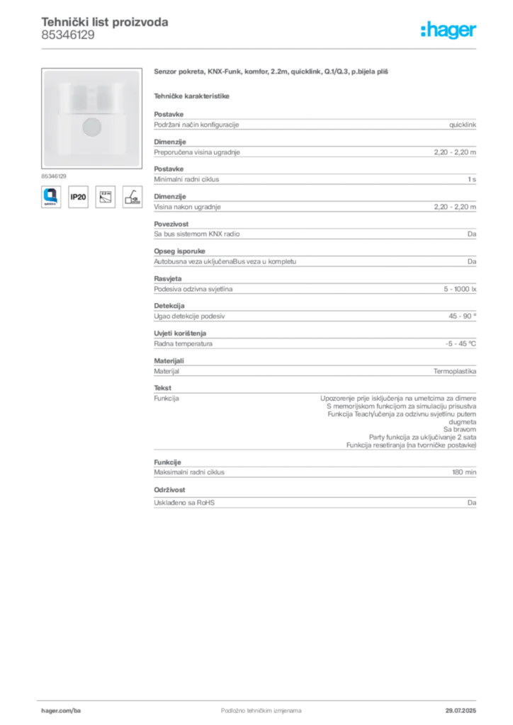Slika Hager Product data sheet 85346129  | Hager