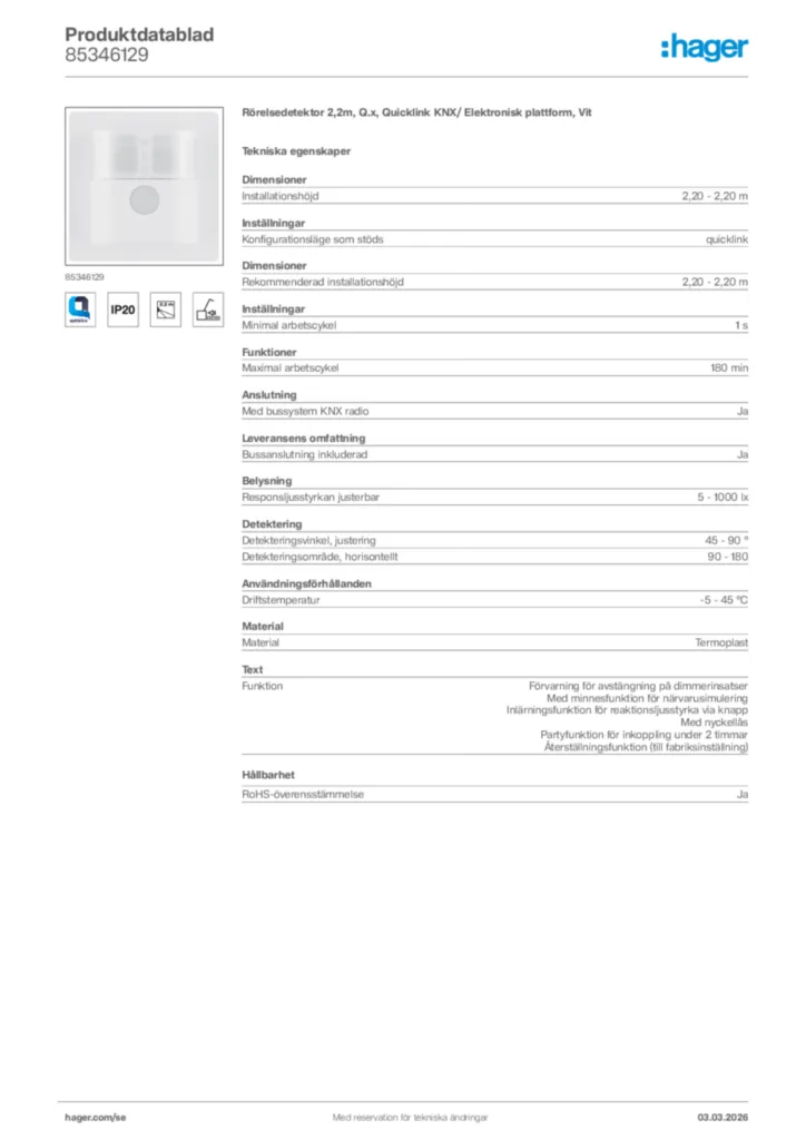 Bild Hager Produktdatablad 85346129 | Hager Sverige
