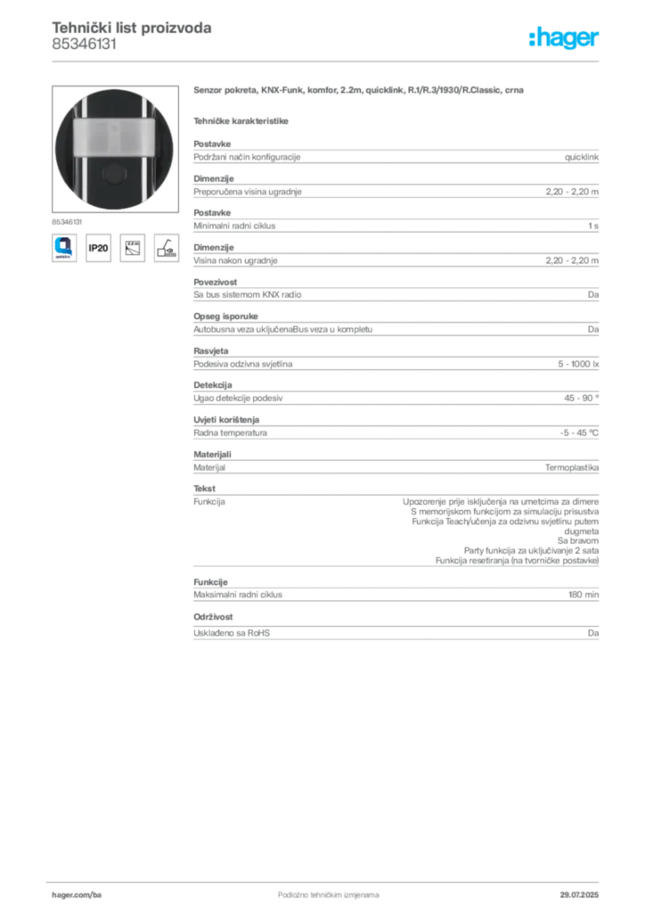 Slika Hager Product data sheet 85346131  | Hager