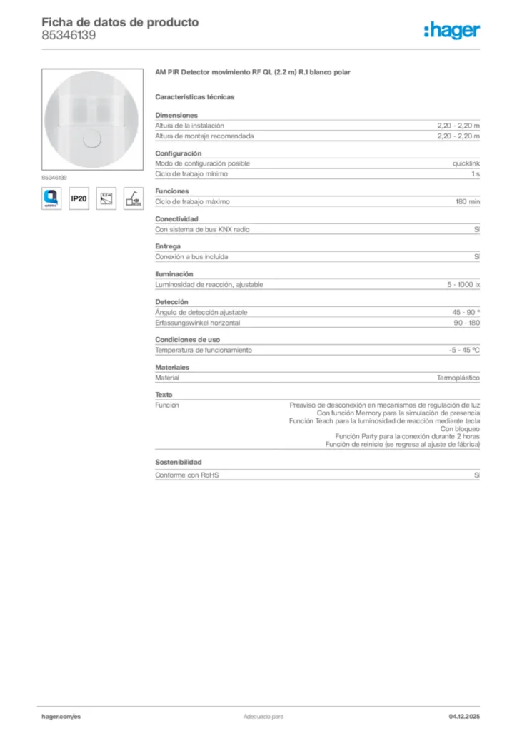 Imagen Hager Ficha de datos de producto 85346139 | Hager España