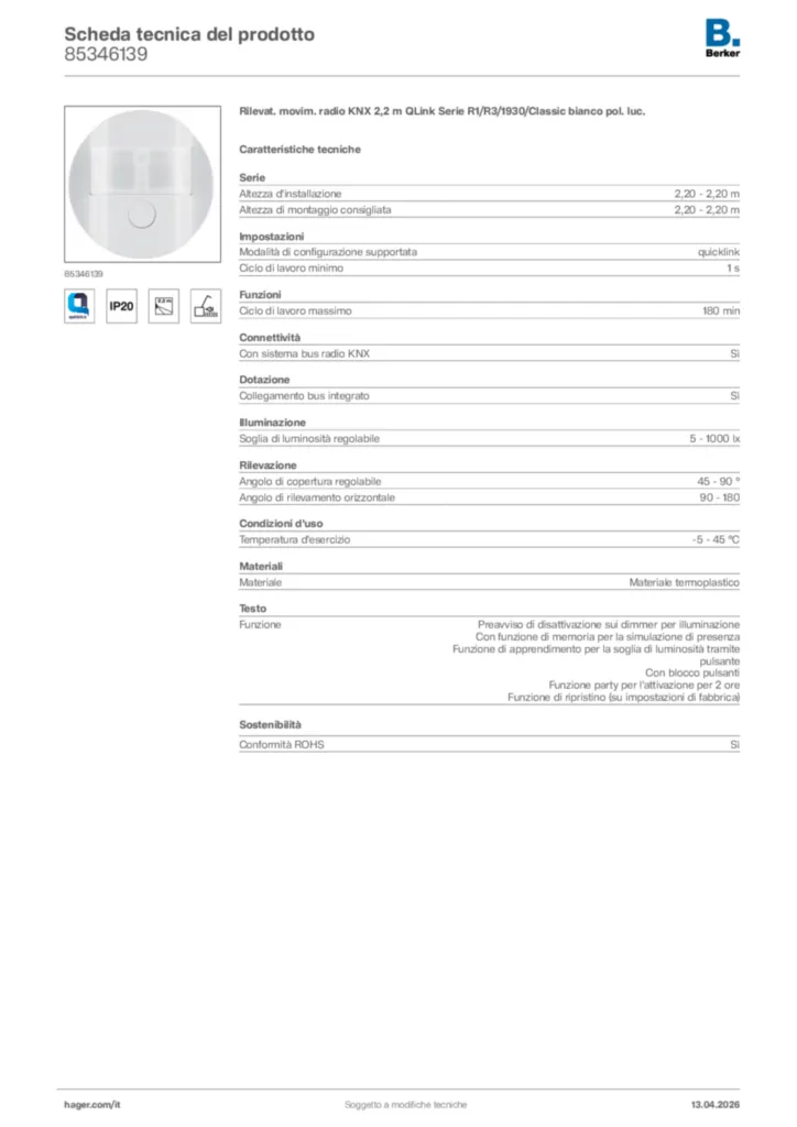 Immagine Berker Scheda tecnica del prodotto 85346139 | Hager Italia