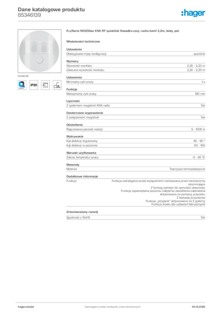Zdjęcie Hager Dane katalogowe produktu 85346139 | Hager Polska