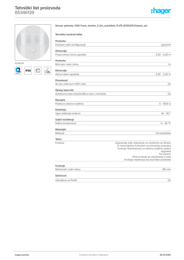 Slika Hager Product data sheet 85346139  | Hager