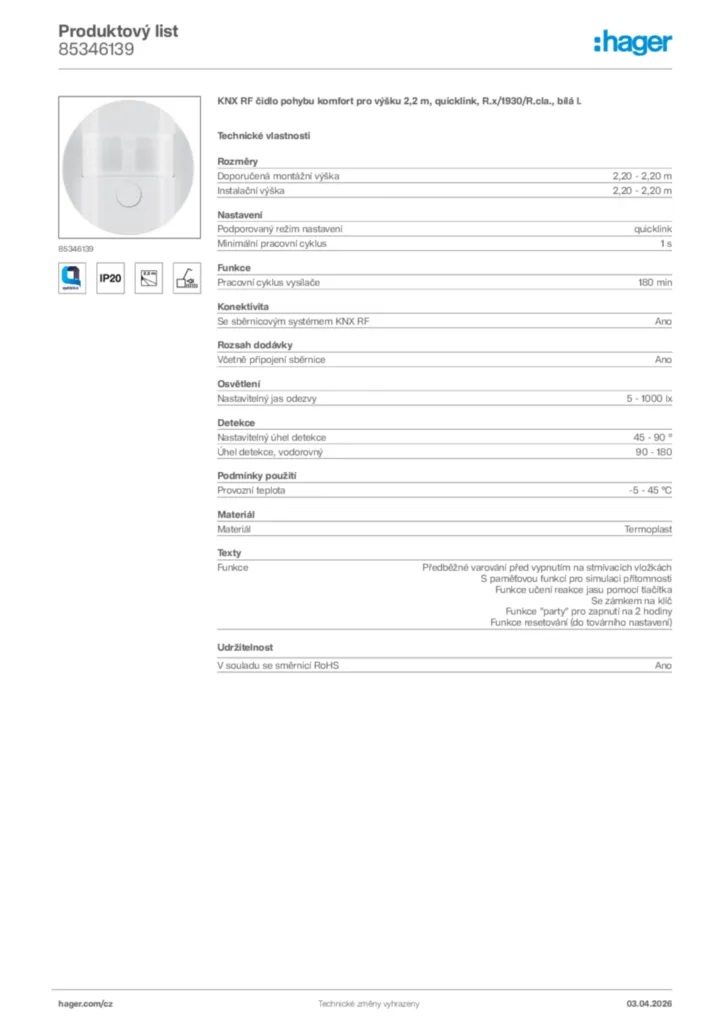 Obrázek Hager Product data sheet 85346139 | Hager