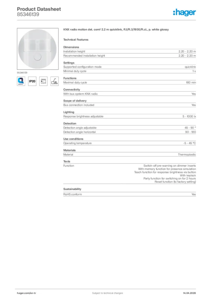 Image Hager Product data sheet 85346139  | Hager