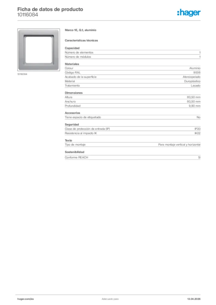 Imagen Hager Ficha de datos de producto 10116084 | Hager España