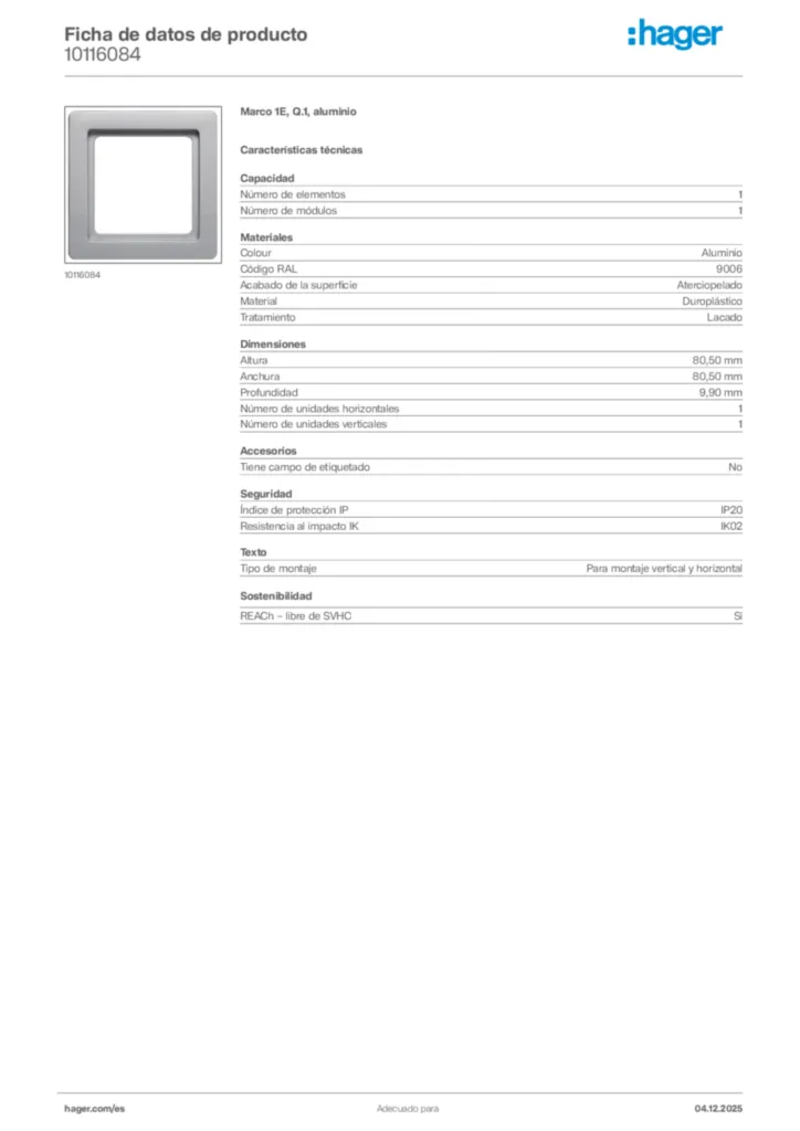 Imagen Hager Ficha de datos de producto 10116084 | Hager España