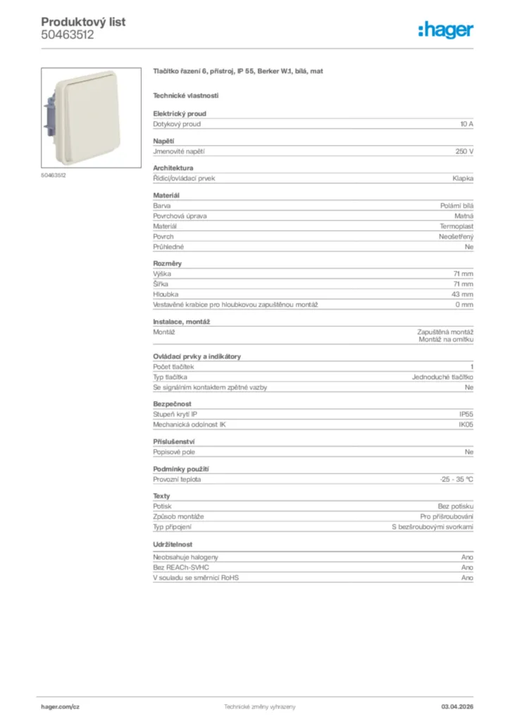 Obrázek Hager Product data sheet 50463512 | Hager