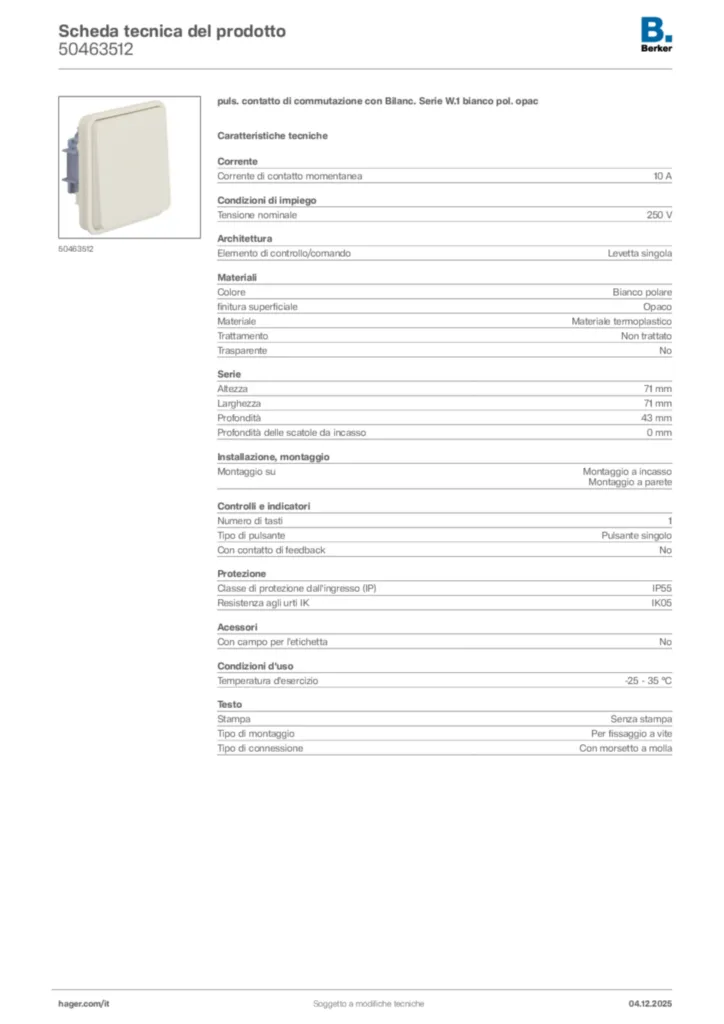 Immagine Berker Scheda tecnica del prodotto 50463512 | Hager Italia