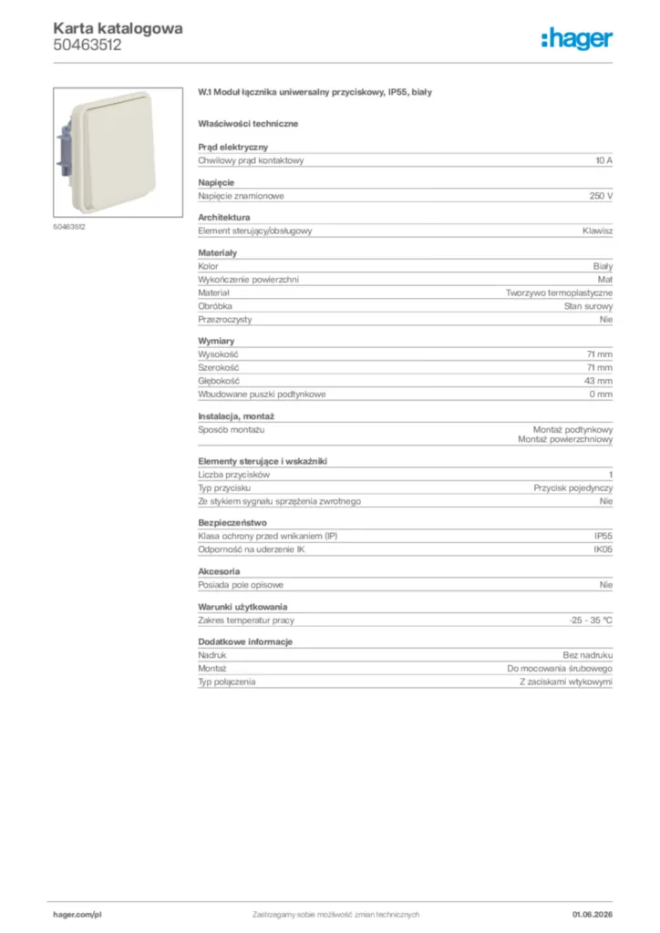 Zdjęcie Hager Karta katalogowa 50463512 | Hager Polska