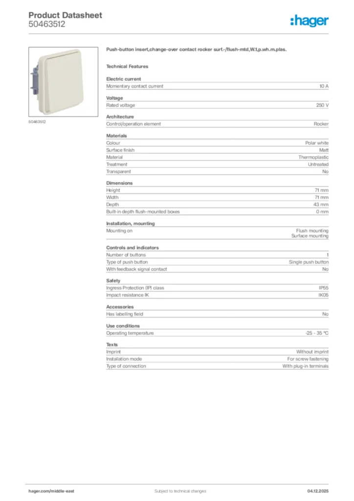 Image Hager Product data sheet 50463512  | Hager