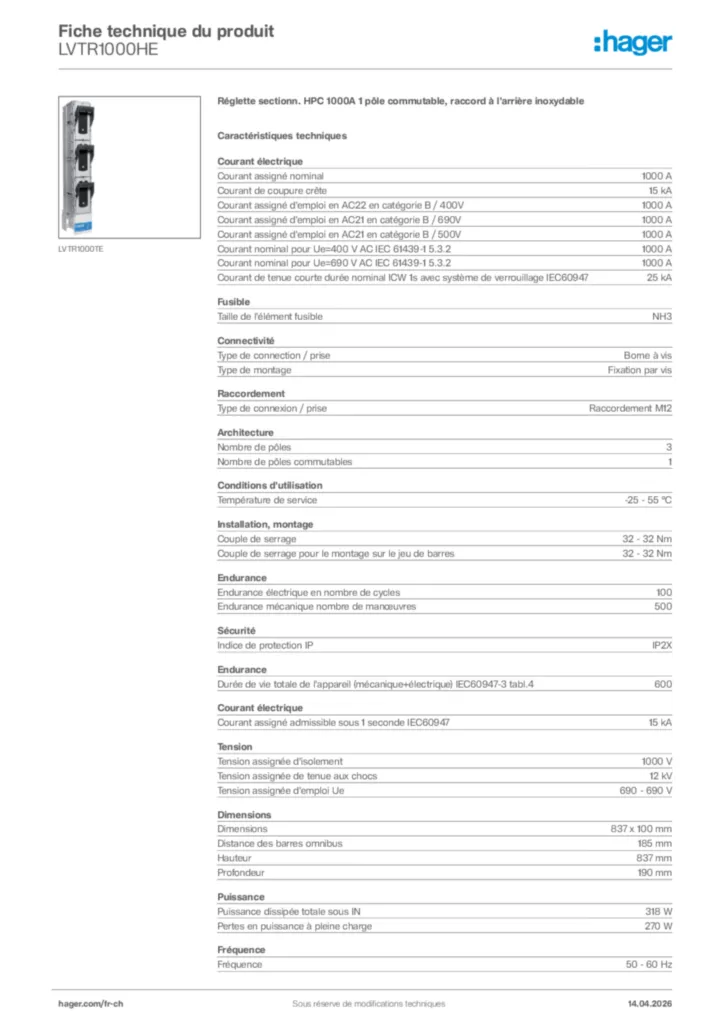 Image Hager Fiche technique du produit LVTR1000HE | Hager Suisse