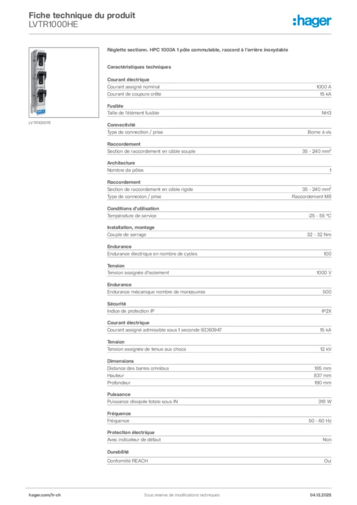 Image Hager Fiche technique du produit LVTR1000HE | Hager Suisse