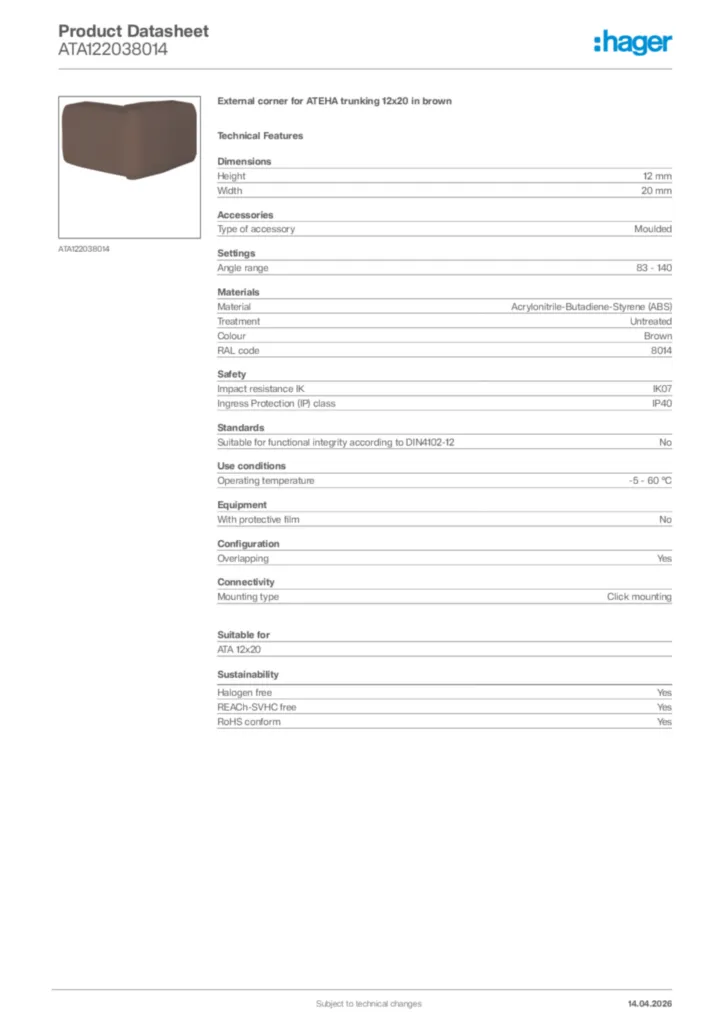 Image Hager Product data sheet ATA122038014  | Hager Africa
