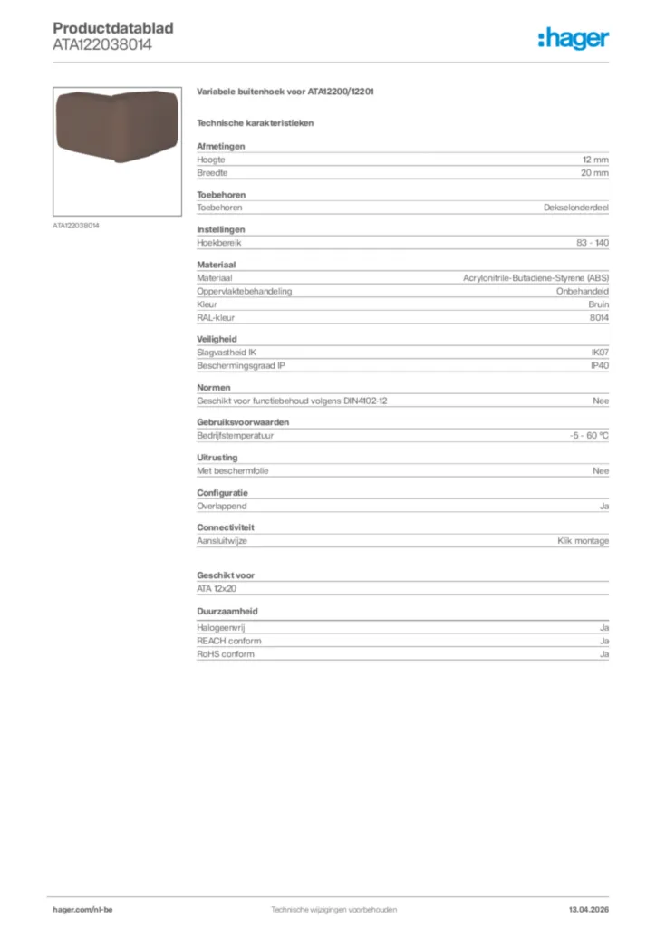 Afbeelding Hager Productdatablad ATA122038014 | Hager Belgium