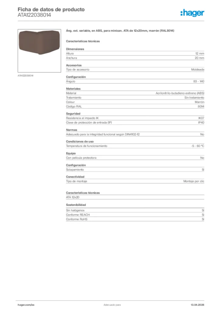 Imagen Hager Ficha de datos de producto ATA122038014 | Hager España