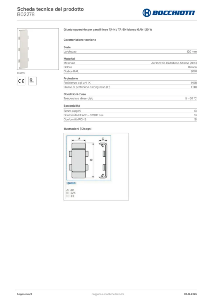 Immagine Bocchiotti Scheda tecnica del prodotto B02278 | Hager Italia