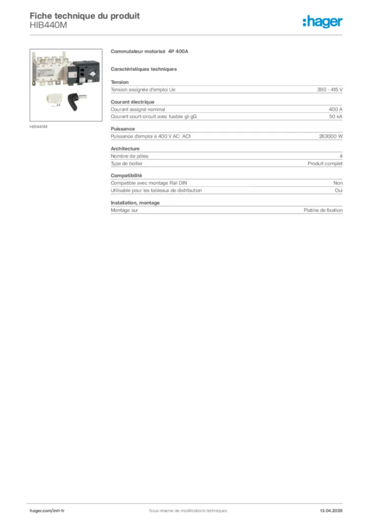 Image Hager Fiche technique du produit HIB440M | Hager Afrique