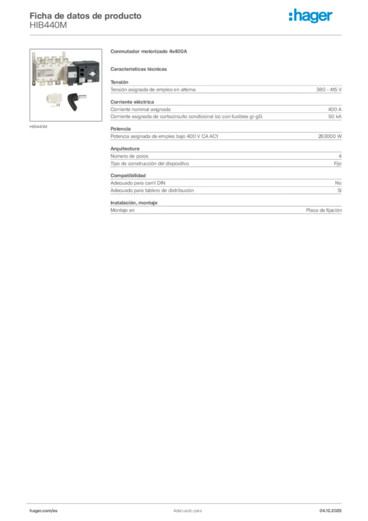 Imagen Hager Ficha de datos de producto HIB440M | Hager España