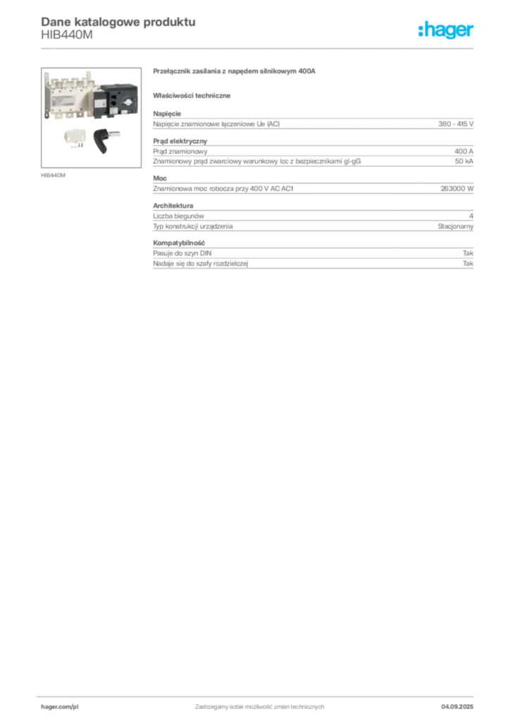 Zdjęcie Hager Dane katalogowe produktu HIB440M | Hager Polska