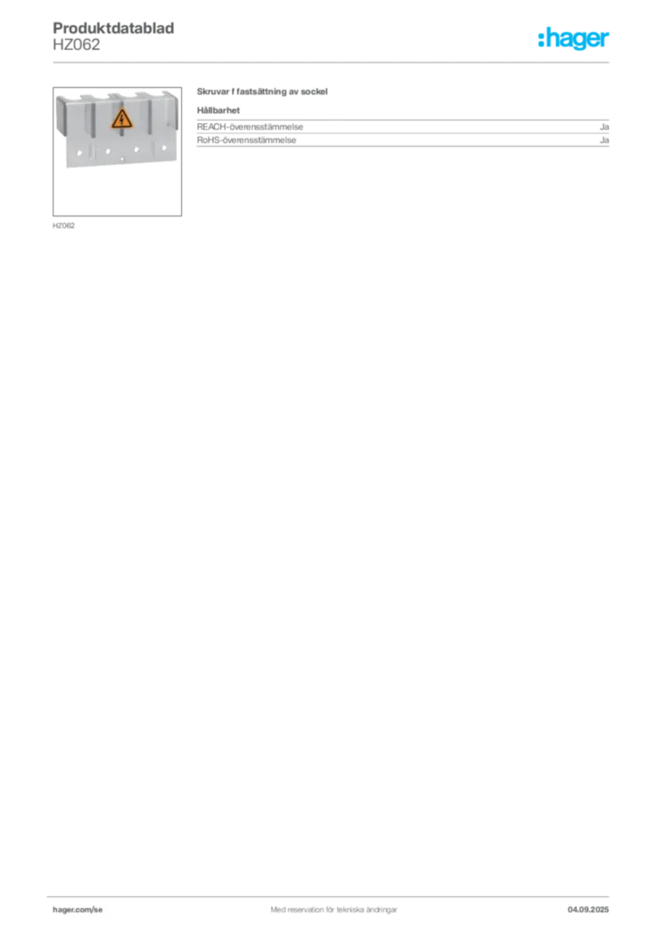 Bild Hager Produktdatablad HZ062 | Hager Sverige