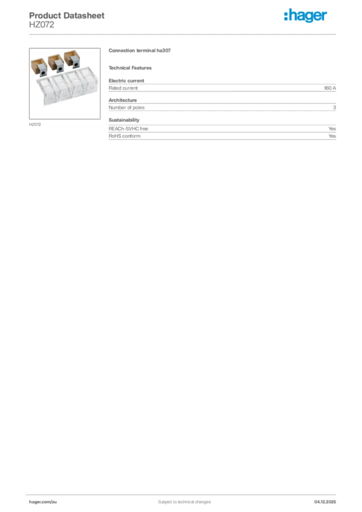 Image Hager Product data sheet HZ072  | Hager Australia