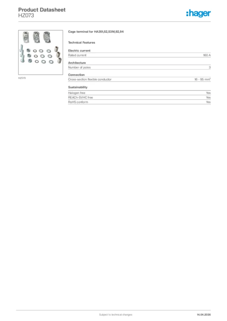 Image Hager Product data sheet HZ073  | Hager Africa