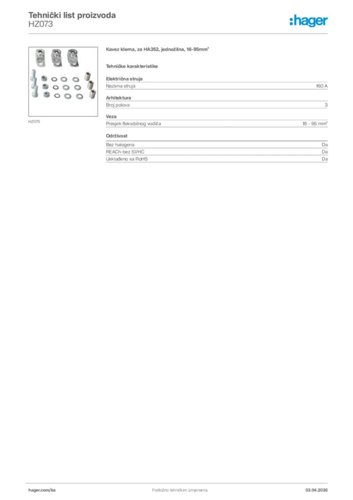 Slika Hager Tehnički list proizvoda HZ073  | Hager