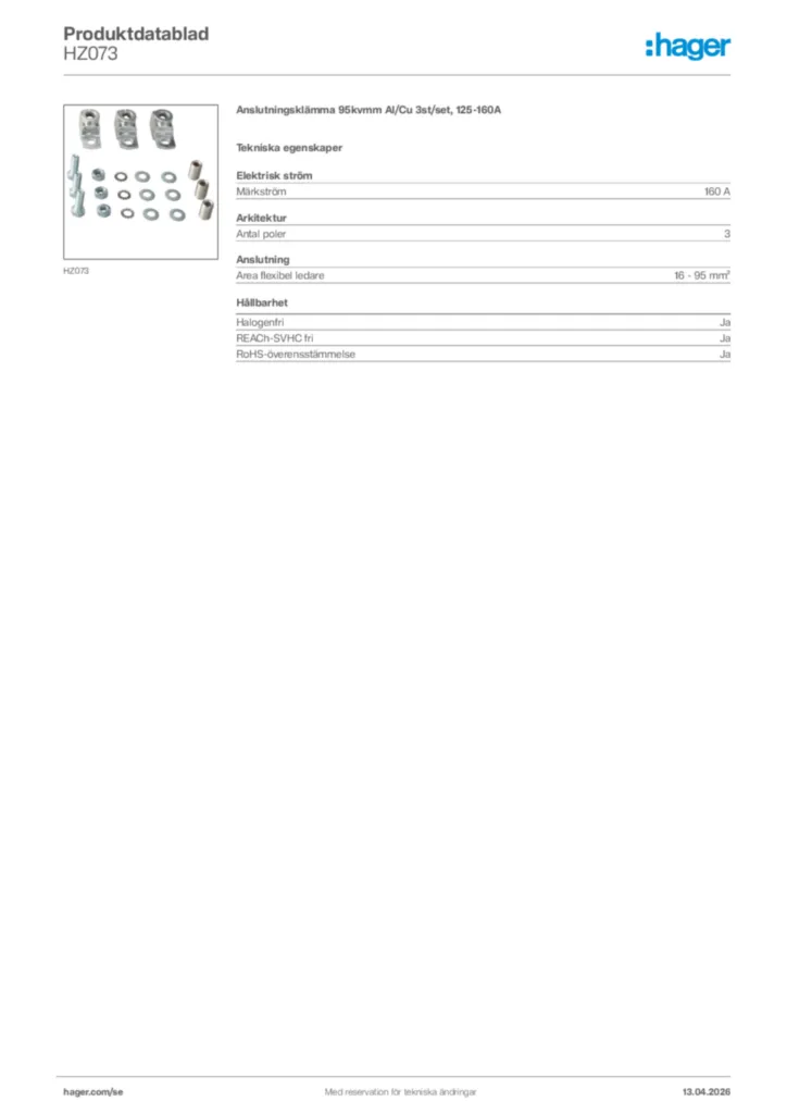Bild Hager Produktdatablad HZ073 | Hager Sverige