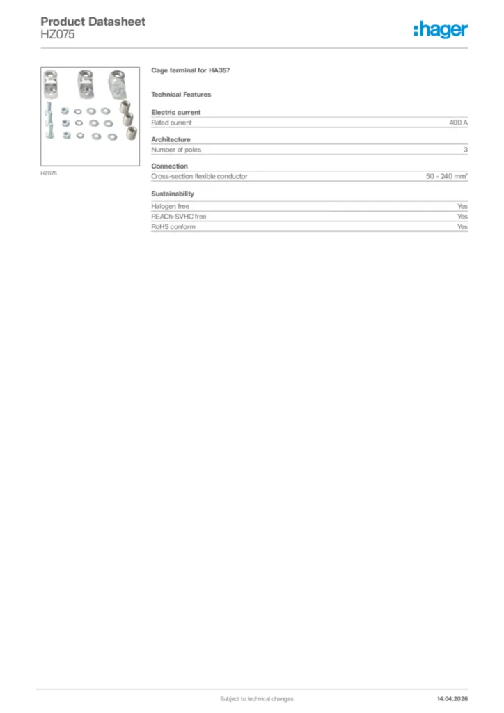 Image Hager Product data sheet HZ075  | Hager Africa