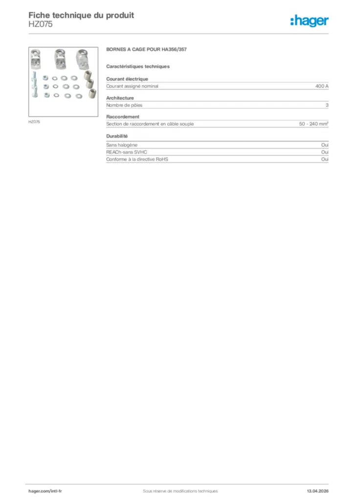 Image Hager Fiche technique du produit HZ075 | Hager Afrique