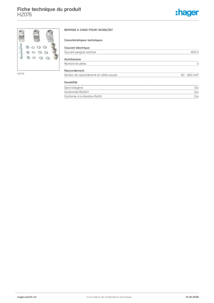 Image Hager Fiche technique du produit HZ075 | Hager Suisse