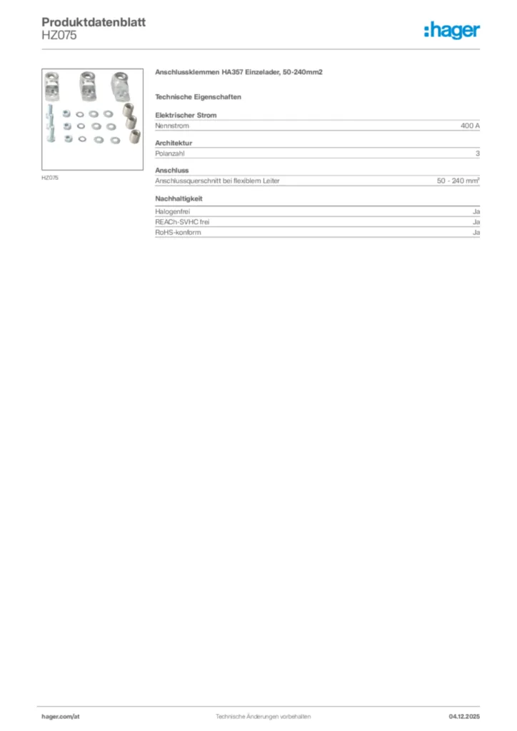 Bild Hager Produktdatenblatt HZ075 | Hager Deutschland