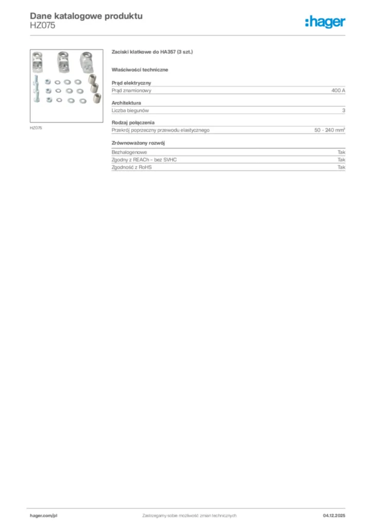 Zdjęcie Hager Dane katalogowe produktu HZ075 | Hager Polska