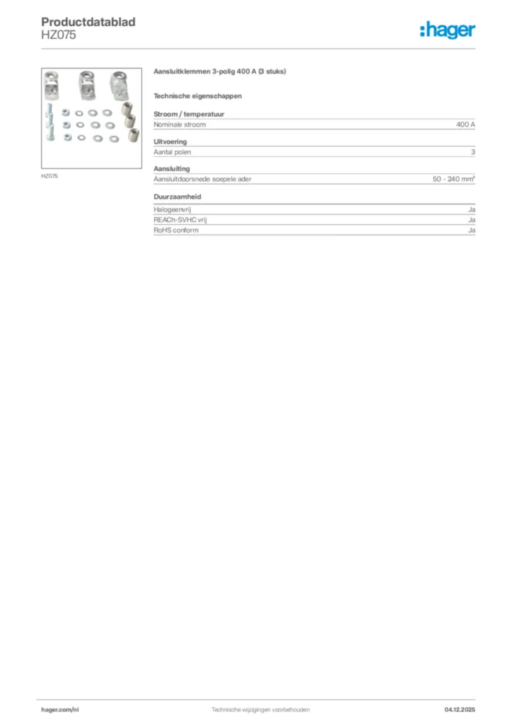 Afbeelding Hager Productdatablad HZ075 | Hager Nederland