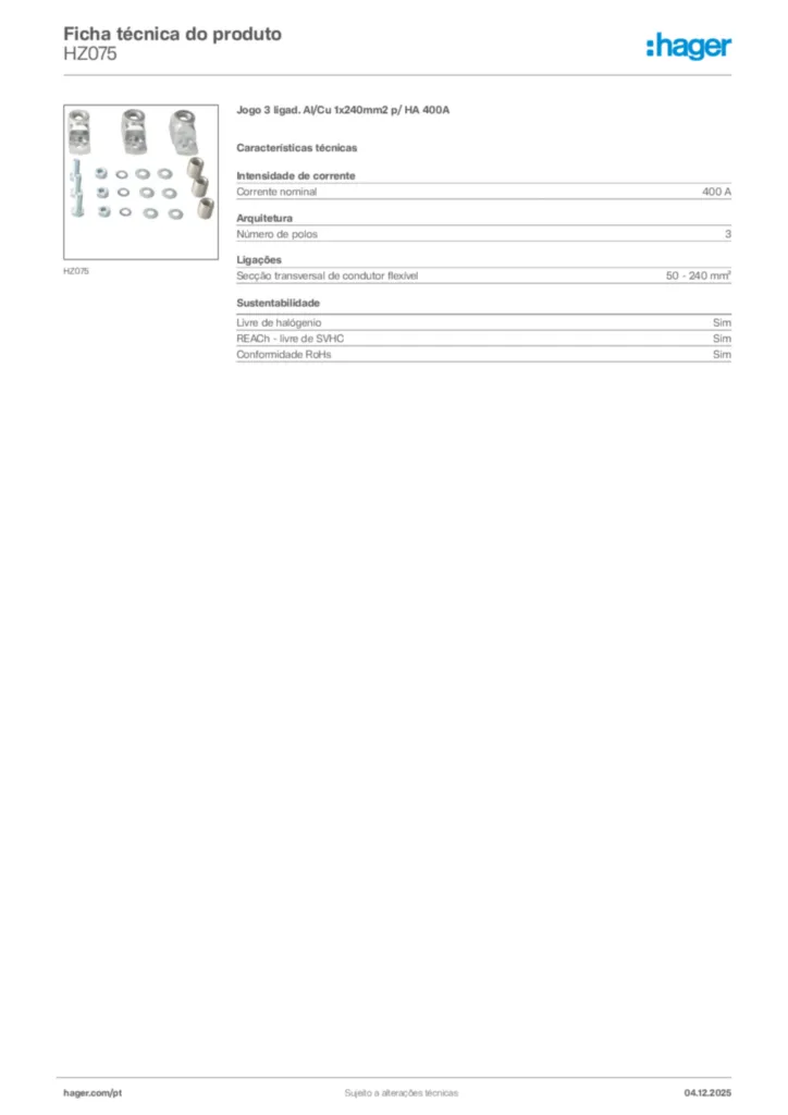Imagem Hager Ficha técnica do produto HZ075 | Hager Portugal